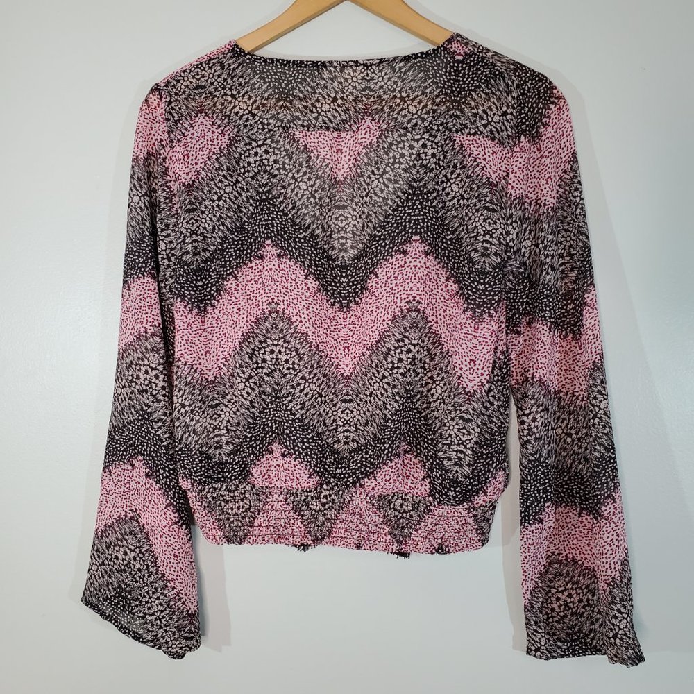 love, Fire Black and Pink Crop Top Dotted Print Long Sleeve Sheer Crop T… - Picture 5 of 8
